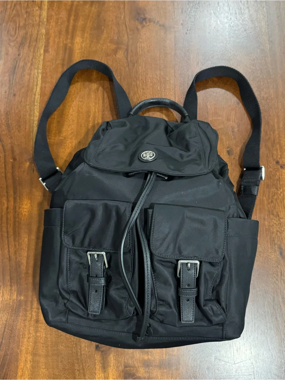 Tory Burch Virginia Drawstring Nylon Flap Backpack Black
